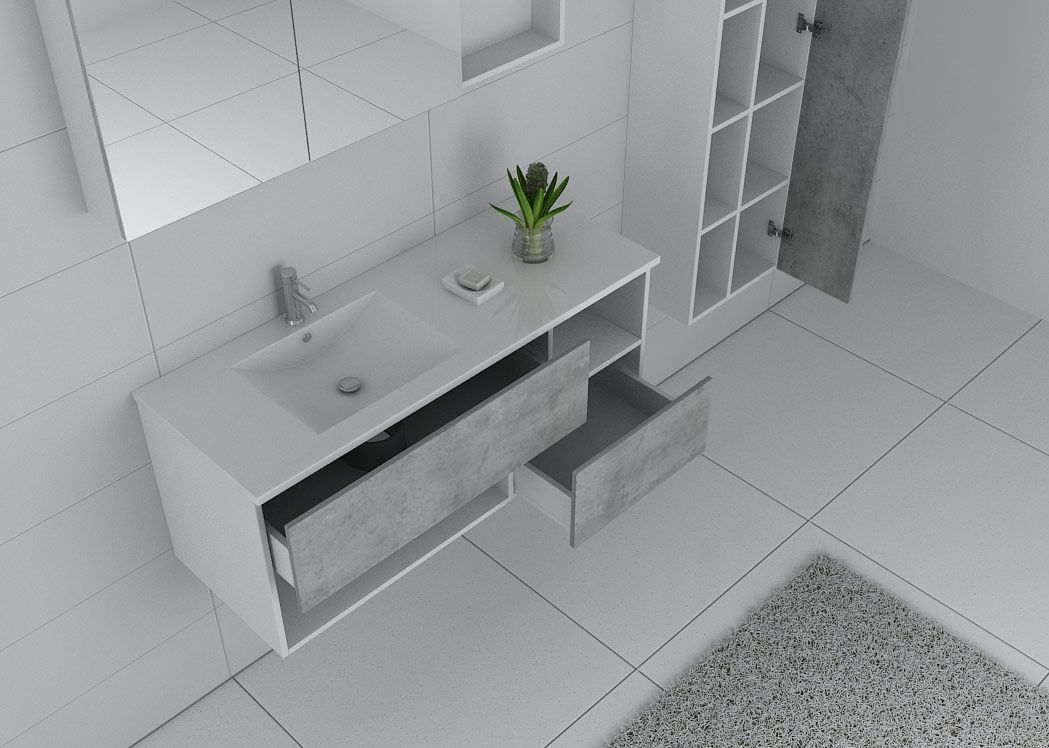 Meuble sous vasque 120 cm blanc et béton, grand meuble de salle de bain