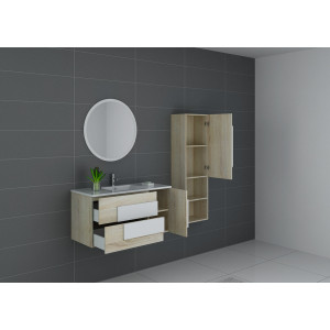 Meuble salle de bain CASTELLO 1000 Scandinave et Blanc avec placards et tiroirs ouverts Meuble salle de bain CASTELLO 1000 Scandinave et Blanc avec placards et tiroirs ouverts