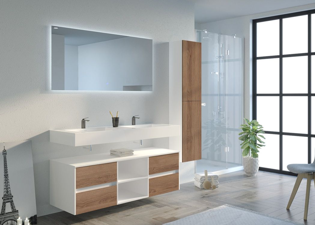 Meuble de salle de bain 160 cm ZINA chêne et blanc