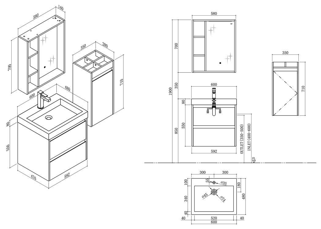 Meuble de salle de bain avec lavabo intégré, petit meuble de salle de bain  noir 60 cm Brianza