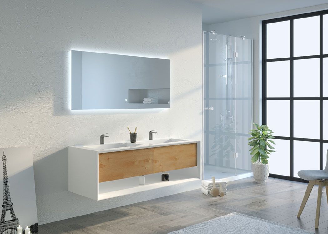 Meuble-Lavabo double 59 au cadre blanc et Façades en chêne naturel 