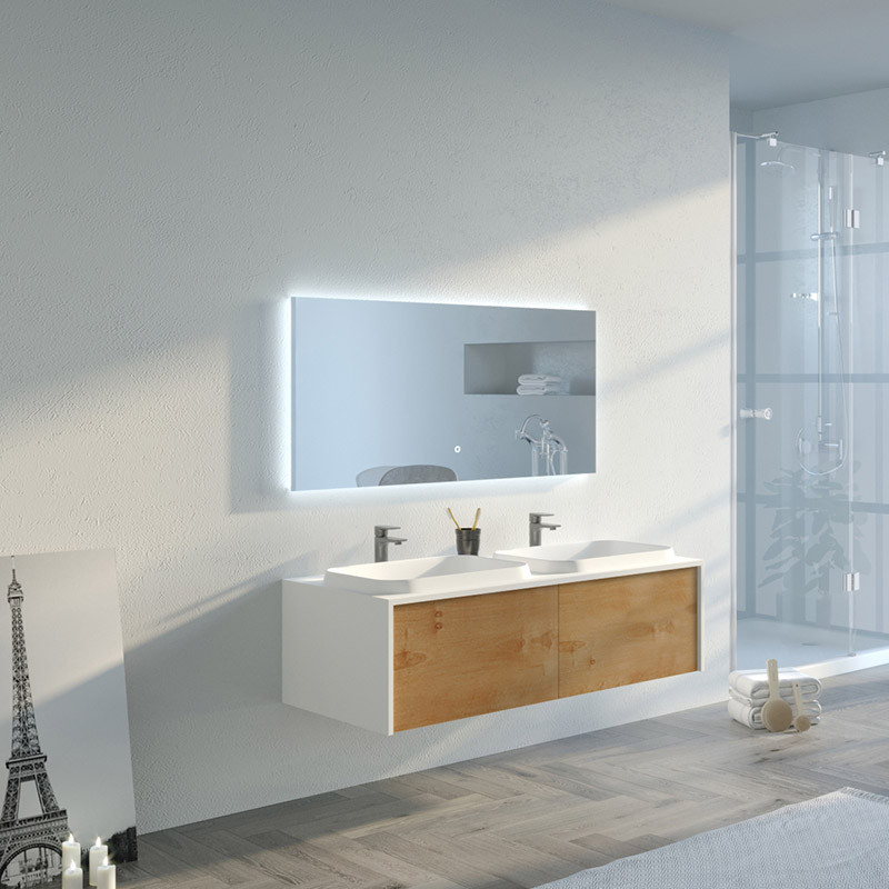 Bel ensemble de salle de bain SPEZZANO 1200 Bois naturel et Blanc