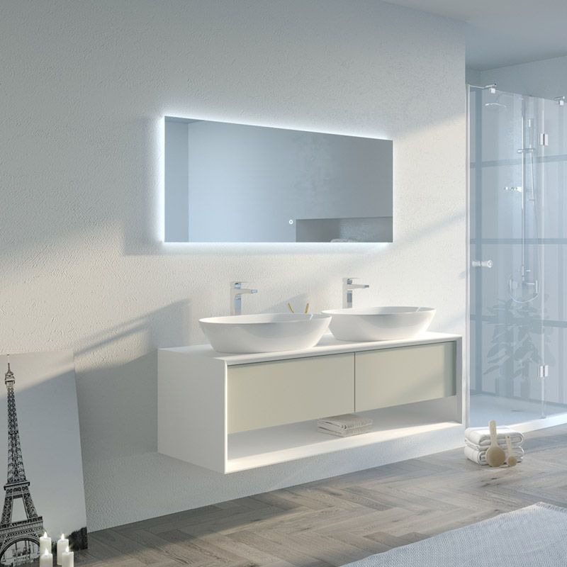 Meuble salle de bain BELLANO 1400 Beige galet et Blanc