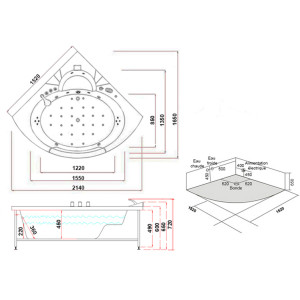 Plan dimensions Baignoire Balnéo d'angle Seattle-S 26 jets