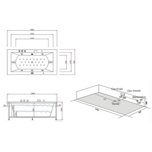 Plan dimensions Baignoire balnéo rectangulaire London S 22 jets