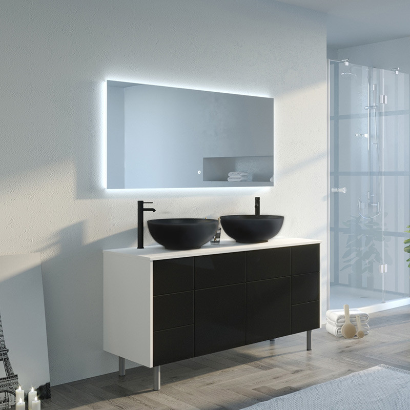 Meuble De Salle De Bain BELINI 140cm - Lavabo Céramique, Miroir, 2 Armoires, éclairage LED, Noir Brillant