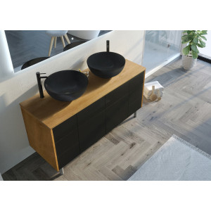 Meubles salle de bain VERZINO 1400 Bois Naturel et Noir à double vasque noir mat