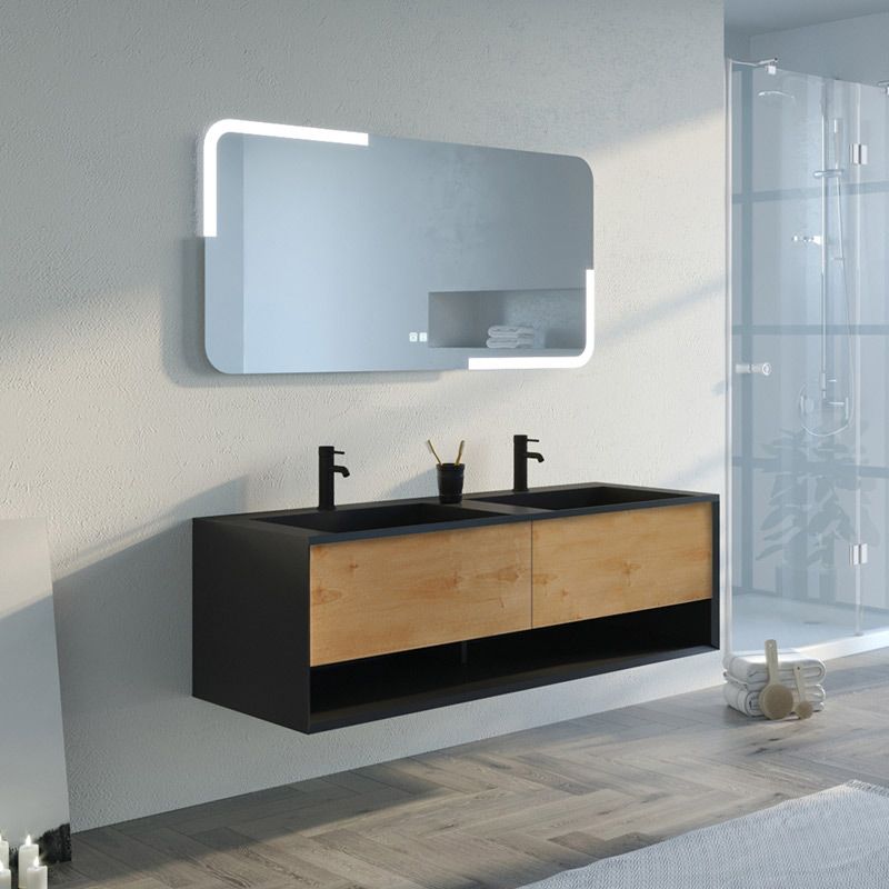 Bel ensemble de salle de bain PORTOFINO 1400 Noir et Bois naturel