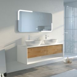 Meuble double vasque salle de bain SANZA 1400 Blanc et Bois Naturel