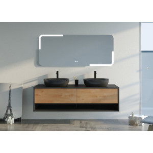 Beau Meuble salle de bain double vasque SANZA 1600 Noir et Bois Naturel