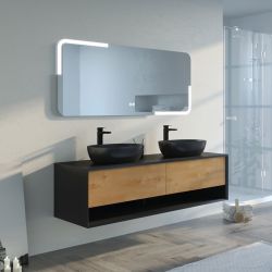 Meuble salle de bain SANZA 160cm Noir mat et Bois Naturel