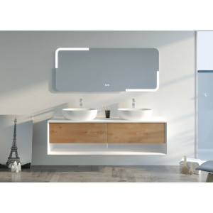 Meuble double vasque 160cm salle de bain SANZA 1600 Blanc et Bois naturel