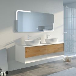Meuble double vasque 160cm salle de bain SANZA 1600 Blanc et Bois naturel