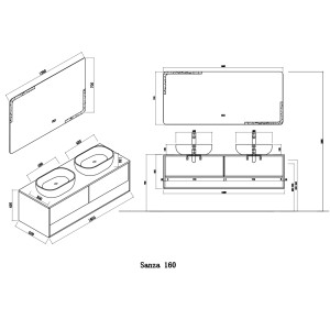 plan Meuble salle de bain SANZA 1600 Blanc et Bois naturel
