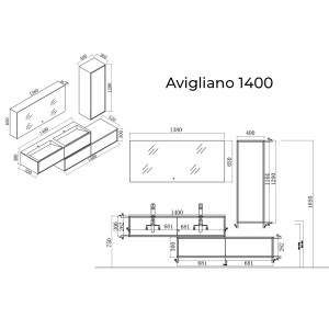 schéma Meuble de salle de bain Avigliano 1400 Bois naturel et blanc