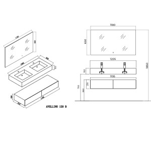 Plan Ensemble Meuble salle de bain AVELLINO 1200 avec miroir