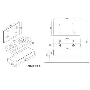 schéma dimensions Meuble salle de bain AVELLINO 1400B