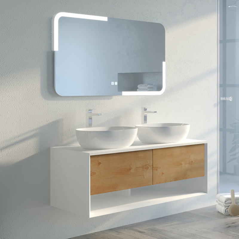 Meuble lumineux de salle de bain SANZA 1200 Blanc et Bois Naturel