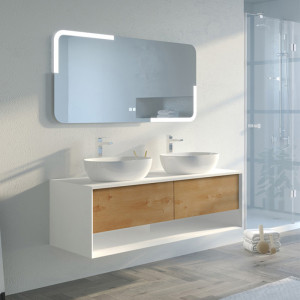 Bel ensemble de salle de bain SANZA 1400 Blanc et Bois Naturel