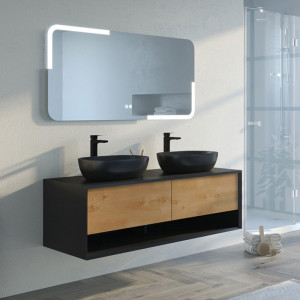 Bel ensemble de salle de bain SANZA 1400 Noir et Bois naturel