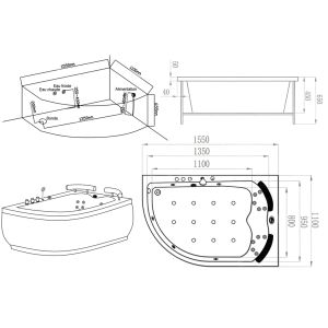 Plan Baignoire balnéo asymétrique G-Maori Black whirlpool 32 jets