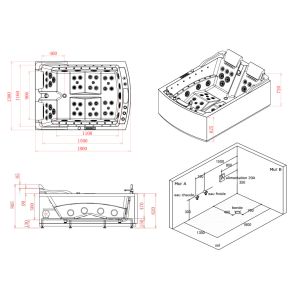 Dimensions baignoire balnéo Nautilus rectangulaire Duo Gauche Inox 70 jets