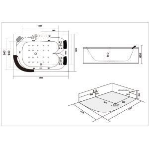 Dimensions et implantation Baignoire balnéo asymétrique G-Maldives 36 jets