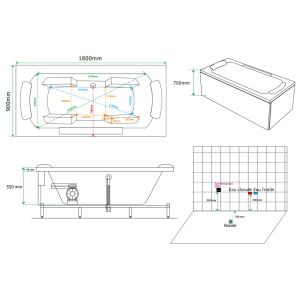 Schéma et dimensions Baignoire balnéo rectangulaire Pacifica