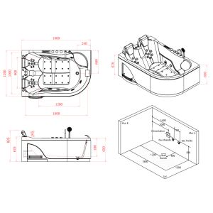 Schémas Baignoire balnéo asymétrique Genova Droit 40 jets