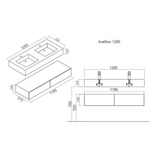 Plan ensemble meuble salle de bain AVELLINO 1200 sans miroir