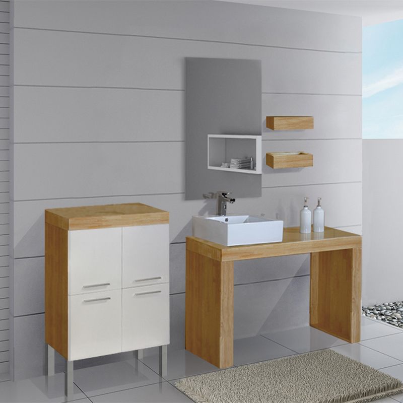 Meuble salle de bain bois massif couleur beige et bois naturel ... Meuble sdb bois massif